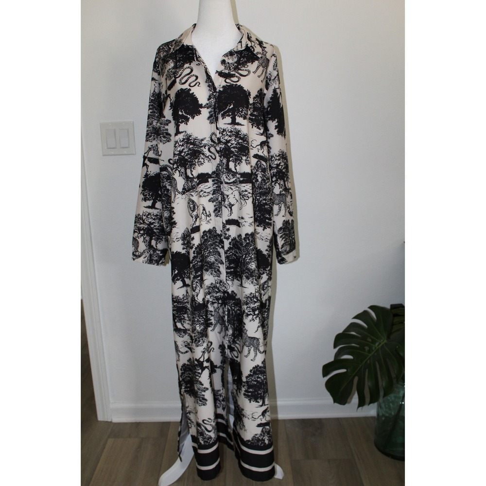 Lavender J Safari Toile Animal Print Maxi Shirt Dress Black White S/M